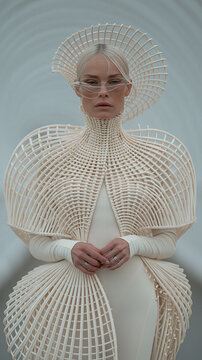 Futuristic Geometric Headpiece Portrait with Intricate White Lattice Design Close Up