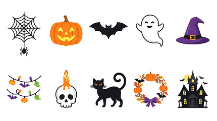 Obraz premium Set of festive halloween icons featuring pumpkins ghosts and spooky elements for seasonal graphic design projects with various spooky creatures arranged neatly white background