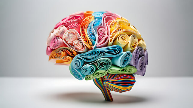 Colorful paper quilling of a human brain, rainbow-colored