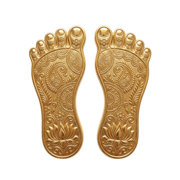Pair of golden laxmi charan paduka footprints isolated on transparent background