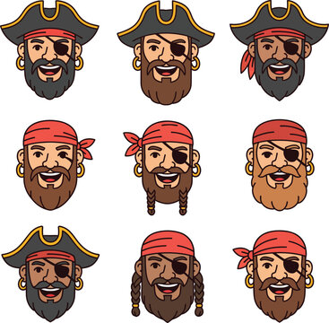 Smiling pirate captain cartoon head with eyepatch and hat isolated