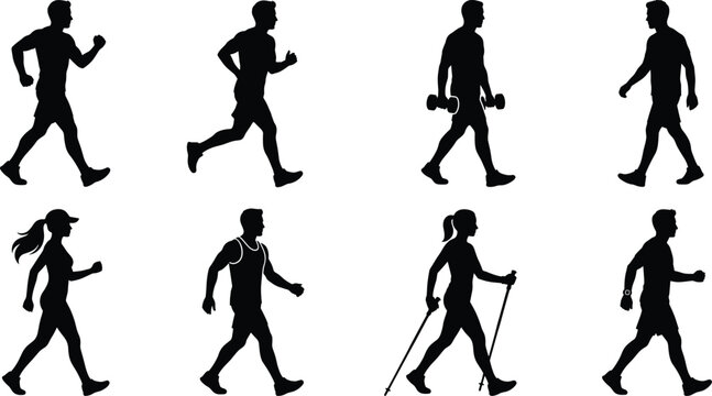 Fitness and active lifestyle vector silhouette collection featuring walking running jogging workout and outdoor exercise