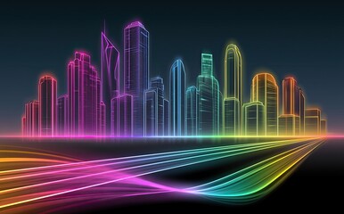 Fototapeta premium Neon-outlined cityscape with vibrant, flowing light trails on a dark background