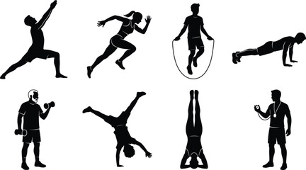 Fitness and sports workout silhouette vector collection featuring running stretching jumping rope weightlifting and personal trainer © Vector Saga