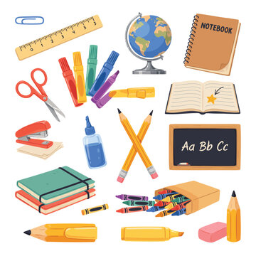 Back to school flat lay with colorful supplies, globe, notebook, and abc blocks on pastel background
