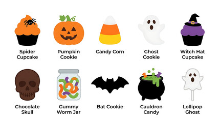 Fototapeta premium Set of cute halloween themed icons featuring sweets and spooky characters arranged in a grid format for festive holiday designs with icons with icons