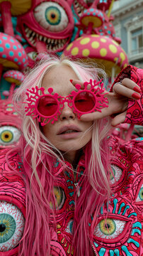 Close up portrait of person in vibrant pink sunglasses and patterned jacket with retro eye design