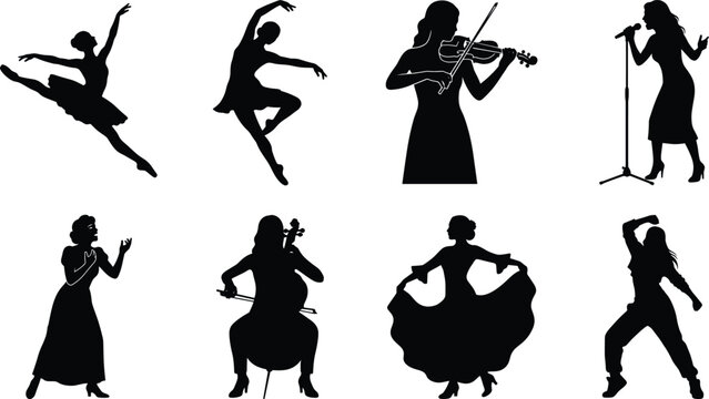 Performing arts and music vector silhouette collection featuring female dancers singers and musicians playing classical instruments