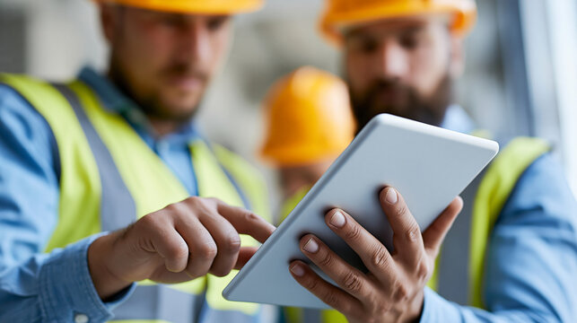 Faceless construction professionals with hands holding tablet for building project management architecture logistics and infrastructure compliance check, construction technology