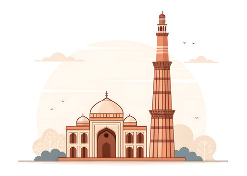 Modern minimal vector illustration of the Qutub Minar  isolated on white background  geometric tower  flat vector style  muted terracotta palette