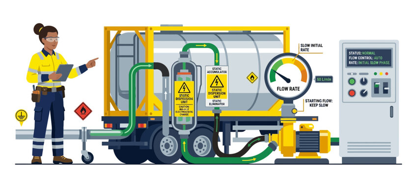 Industrial Worker Inspecting Fluid Transfer System with Tanker Truck and Control Panel