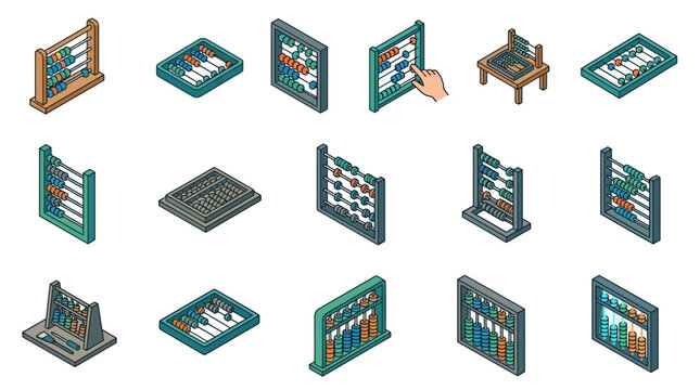 Isometric Abacus Icons Set: Counting Beads, Vintage Calculator, Mathematical Tool