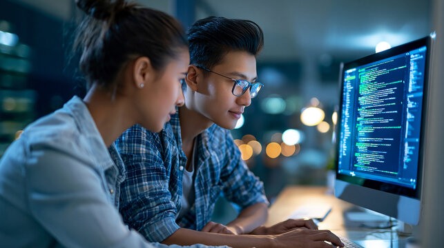 Faceless Asian two developers working on coding task and collaborating in office with female programmer leader presenting code on monitor during software development meeting at