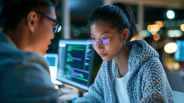 Faceless Asian two developers working on coding task and collaborating in office with female programmer leader presenting code on monitor during software development meeting at