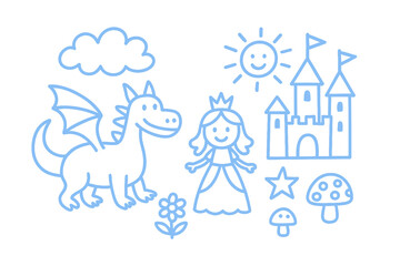 Fototapeta premium Cute cartoon dragon and princess standing near a magical castle under a smiling sun in this simple line art drawing
