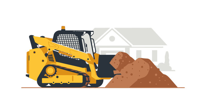 Yellow Compact Track Loader Moving Soil at a Residential Construction Site, Flat Vector Illustration of Skid Steer Working on Landscaping and Home Renovation Project