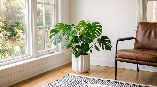 Monstera deliciosa plant in modern living room with leather chair