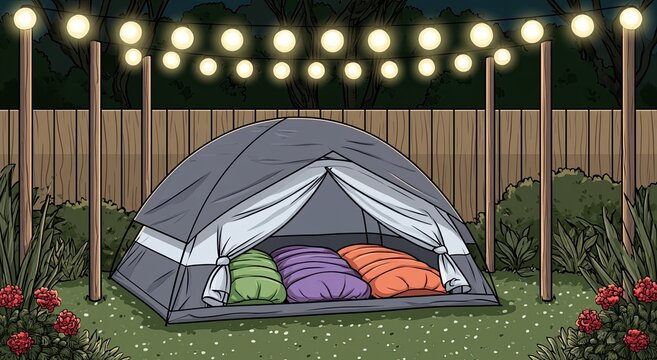 Cozy backyard tent with sleeping bags and festive string lights