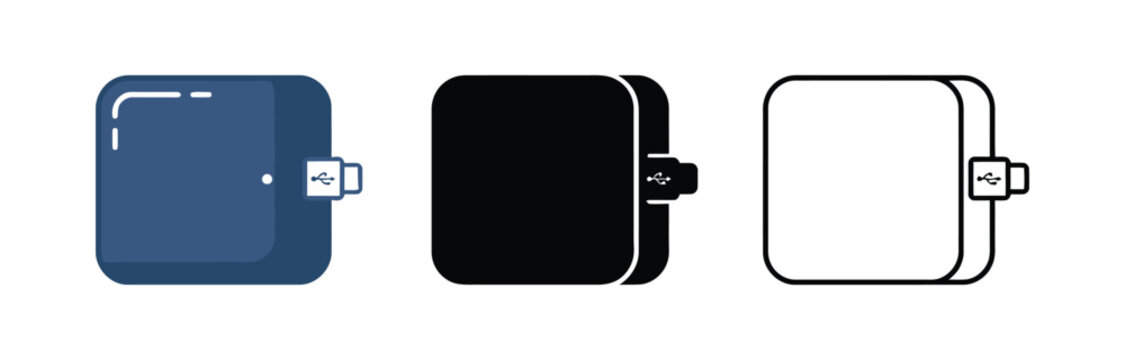 Set of power bank icons with usb port connection for mobile phone charging and electronic devices