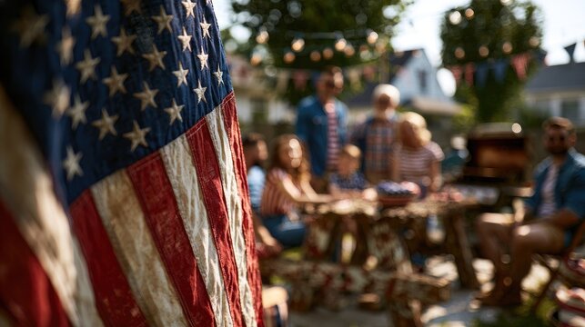 Close-up of a flag with a blurred outdoor gathering in the background