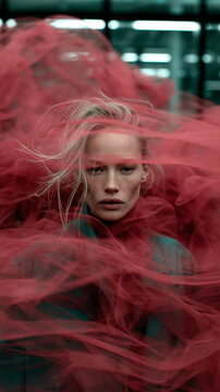Woman  Under Red Transparent Fabric Dramatic Low Light Portrait