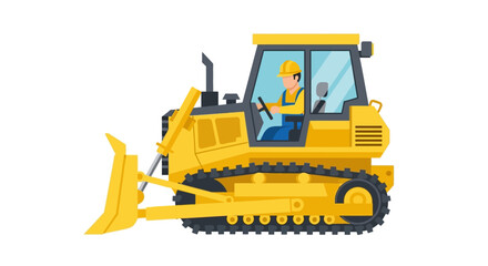 Obraz premium Heavy Duty Yellow Bulldozer Vector Illustration with Construction Worker Driver