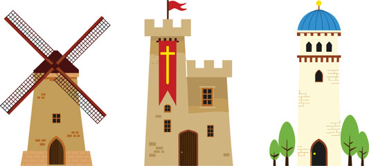Medieval buildings set with windmill castle tower and dome structure, ancient kingdom flat vector graphic illustration © Kaiyum