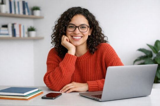 Smiling woman at desk with laptop in home office interior. Ai ge