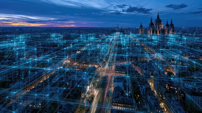 Futuristic digital network overlay on historical cityscape at twilight