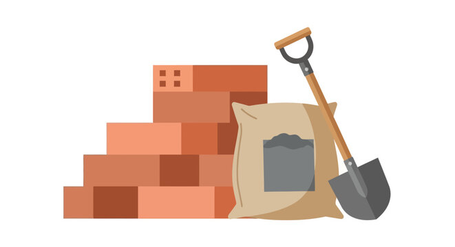 Flat Vector Illustration of Construction Building Materials with Red Bricks, Cement Bag, and Shovel Isolated on White Background