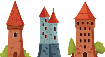 Medieval castle towers with red roofs and stone walls, fantasy fortress set flat vector graphic illustration © Kaiyum