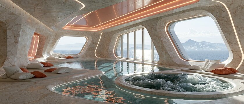 Futuristic spa room with a pool, jacuzzi, and ocean view