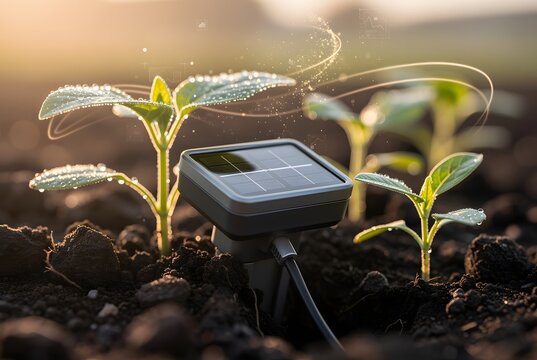 Solar sensor device monitors soil moisture levels for young green seedlings growing in dark fertile earth during a sunny morning.