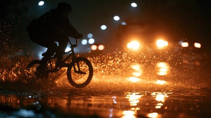 Obraz premium Silhouette of a BMX rider on a bike splashes through water at night