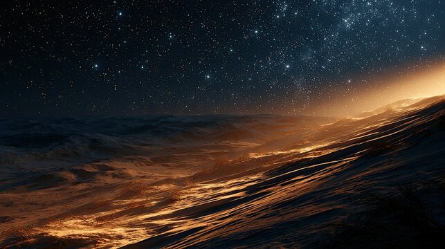 Sunlit alien landscape under starry night sky