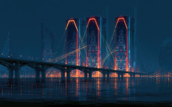 Futuristic cityscape with illuminated towers and a bridge at night