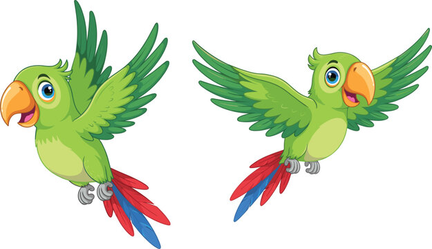 Cute flying green parrot characters set, tropical bird wildlife flat vector graphic design illustration concept