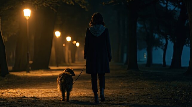 A person and their dog walk down a dimly lit park path at night
