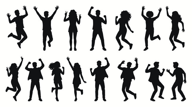 Youth Celebration Silhouette Set with Energetic Men and Women Dancing Jumping Cheering and Raising Hands at Music Party Isolated on White