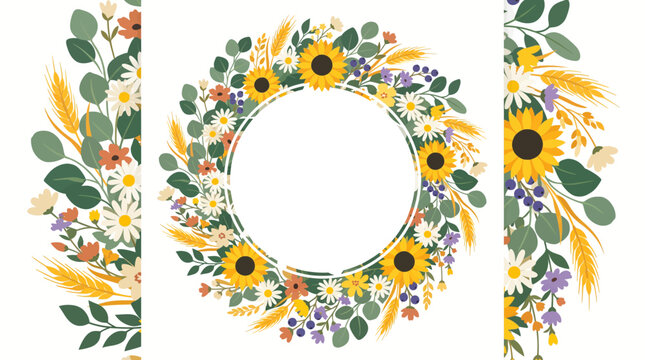 Floral wreath and seamless border set with sunflowers daisies wheat and eucalyptus leaves