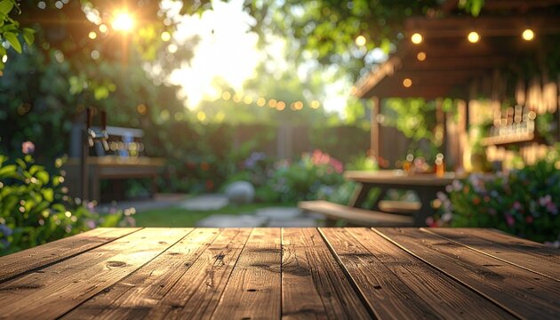 An empty wooden table, with a backdrop of a backyard party scene featuring a blurred draft beer dispenser.