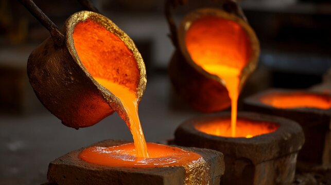 Molten aluminum being poured into industrial casting molds at high temperature