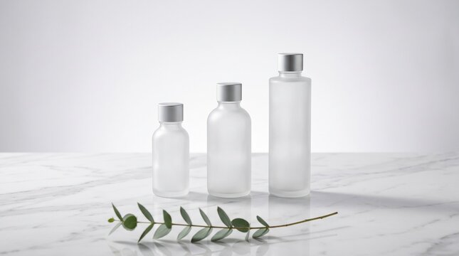 Three frosted skincare bottles arranged on a white marble surface with a green eucalyptus leaf branch