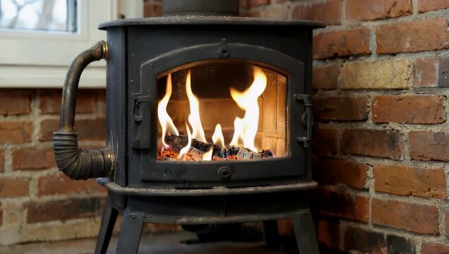 A beautiful close up 4K cooking clip showing a modern black gas stove with a glowing yellow flame lit inside a warm kitchen with a rustic exposed red brick wall