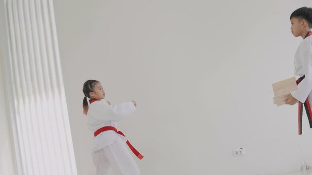 Young students practice martial arts in a training session with focus on kicks and moves during a class in the dojo