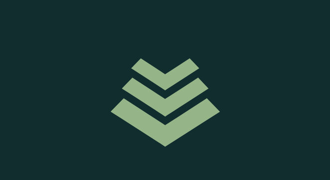 Geometric design features a tiered arrow-like form in light green on a dark green backdrop