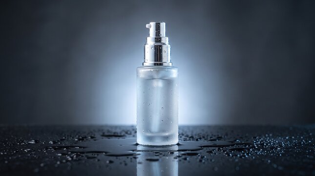Frosted glass bottle with pump dispenser standing on a wet surface in a dark minimalist studio setting