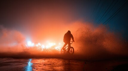 Obraz premium Silhouetted cyclist rides through fiery, misty, glowing waves at night