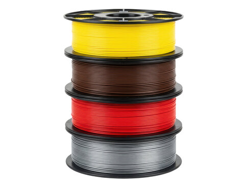 Stack of colorful plastic filament spools for 3d printing in yellow brown red and grey colors isolated on transparent background