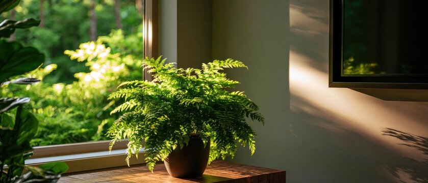 Lush green fern on table bathed in warm sunlight near a window